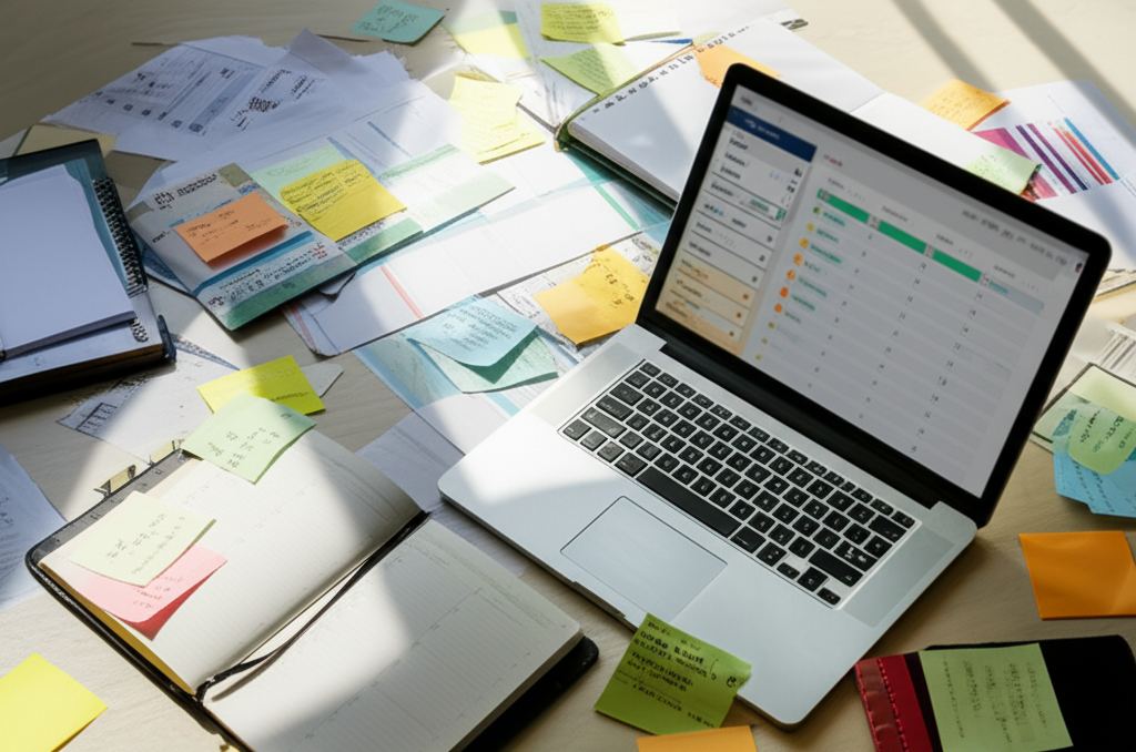 Image showing This image visually contrasts the chaos of manual job tracking methods with the clarity and organiza...