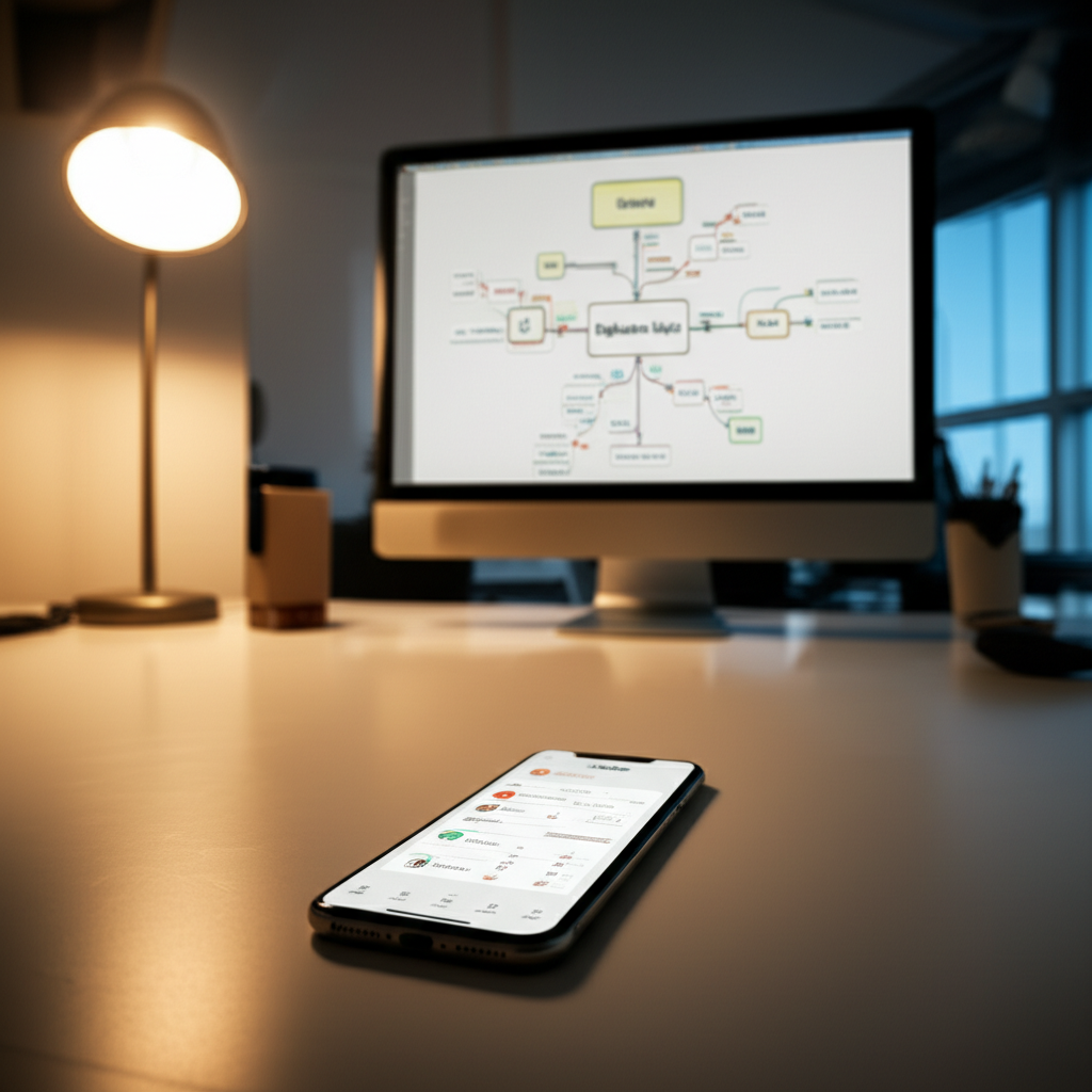 Image showing This image visualizes the thought-to-app journey, showing how a mind map serves as the conceptual bl...