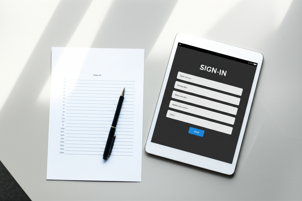 Image showing This image visually contrasts the old-fashioned paper sign-in sheet with the modern digital equivale...
